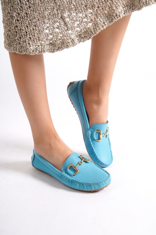 Mubiano 203-M Hakiki Deri Oval Burunlu Toka Detay Kadın Mavi Babet & Loafer Ayakkabı - 2