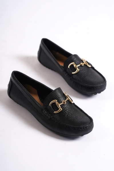Mubiano 203-S Hakiki Deri Oval Burunlu Toka Detay Kadın Siyah Babet & Loafer Ayakkabı - 6