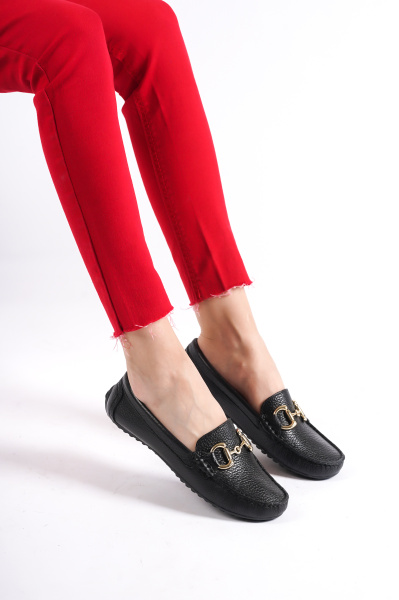 Mubiano 203-S Hakiki Deri Oval Burunlu Toka Detay Kadın Siyah Babet & Loafer Ayakkabı - 7
