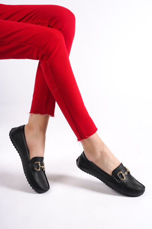 Mubiano 203-S Hakiki Deri Oval Burunlu Toka Detay Kadın Siyah Babet & Loafer Ayakkabı - 8