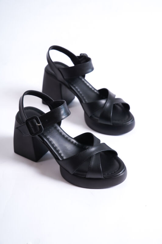 Mubiano 844-S Kalın Taban Siyah Çapraz Bantlı Platform Kadın Sandalet - 7