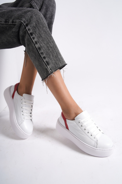 Mubiano MB6303-BK Kadın Kalın Taban Kırmızı Beyaz Hakiki Deri Sneaker & Spor Ayakkabı 