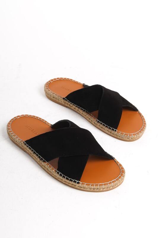 Mubiano Summer Erkek Hakiki Deri Süet Çapraz Bantlı Jüt Taban Siyah Espadril Terlik -MSSR5959-S - 8