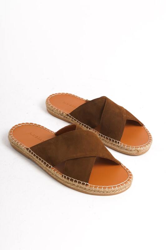 Mubiano Summer Erkek Hakiki Deri Süet Çapraz Bantlı Jüt Taban Taba Espadril Terlik -MSSR5959-TB - 6